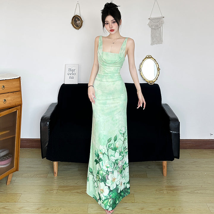 Floral Print Drape Neck Sleeveless Maxi Dress in Green - Vedlit
