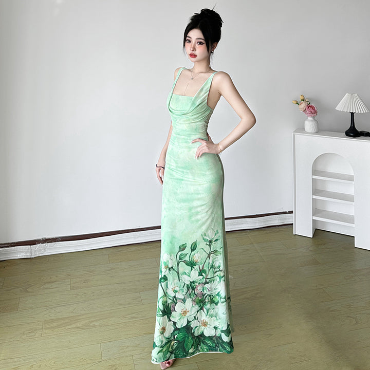 Floral Print Drape Neck Sleeveless Maxi Dress in Green - Vedlit