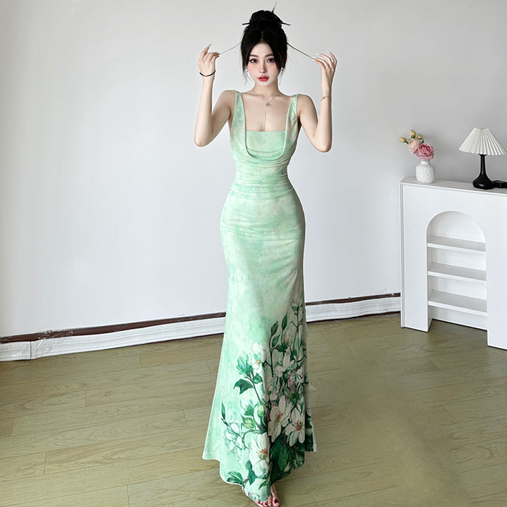 Floral Print Drape Neck Sleeveless Maxi Dress in Green - Vedlit