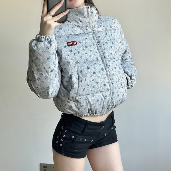 Floral Print High Neck Puffer Jacket - Vedlit