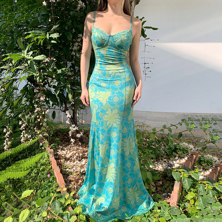 Floral Print Mermaid Maxi Dress with Lace Trim - Vedlit