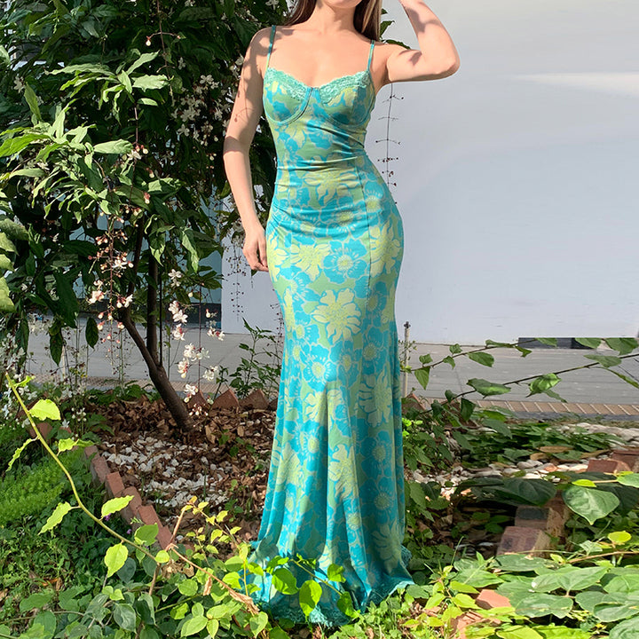 Floral Print Mermaid Maxi Dress with Lace Trim - Vedlit