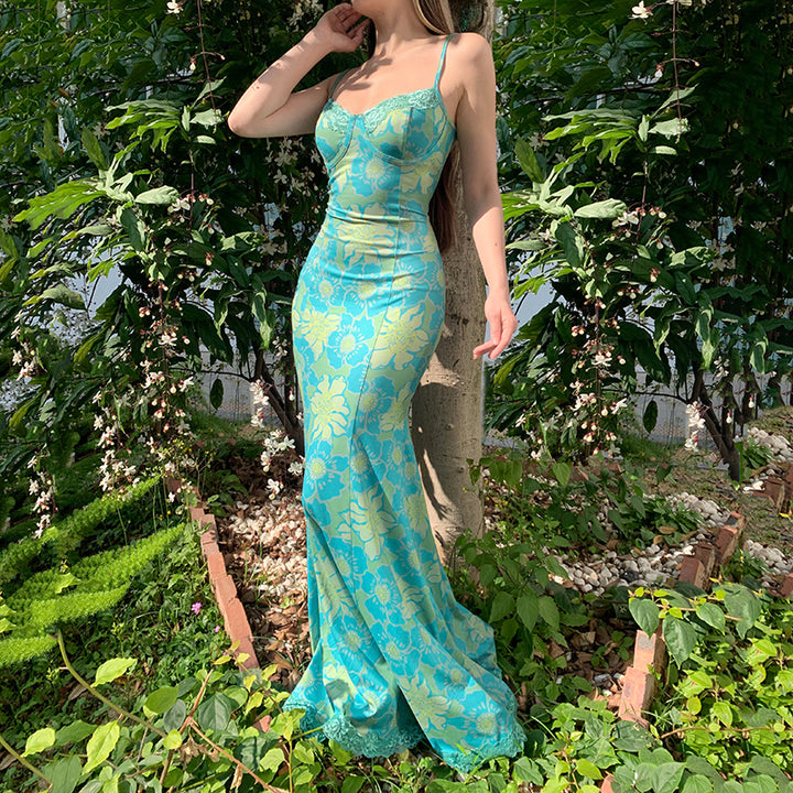 Floral Print Mermaid Maxi Dress with Lace Trim - Vedlit