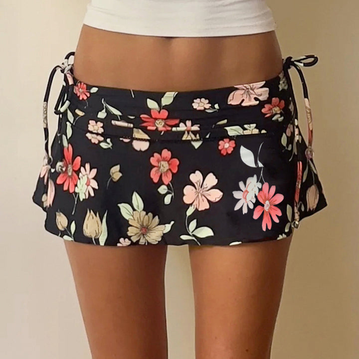 Floral Print Ruched Mini Skirt with Side Ties - Vedlit