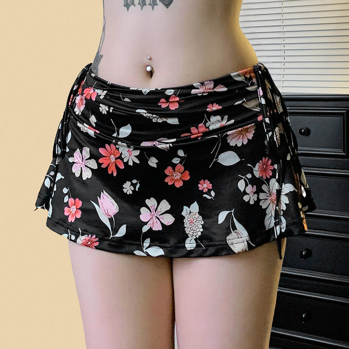 Floral Print Ruched Mini Skirt with Side Ties - Vedlit
