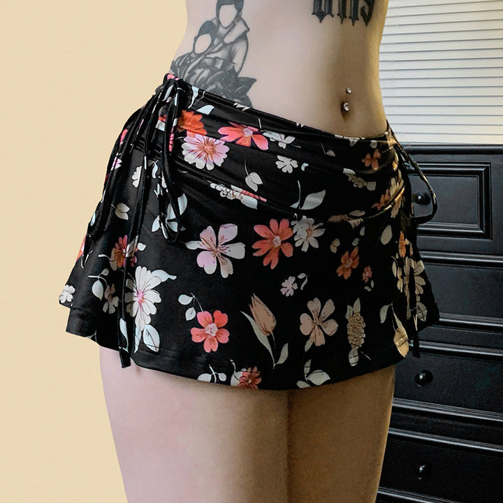 Floral Print Ruched Mini Skirt with Side Ties - Vedlit