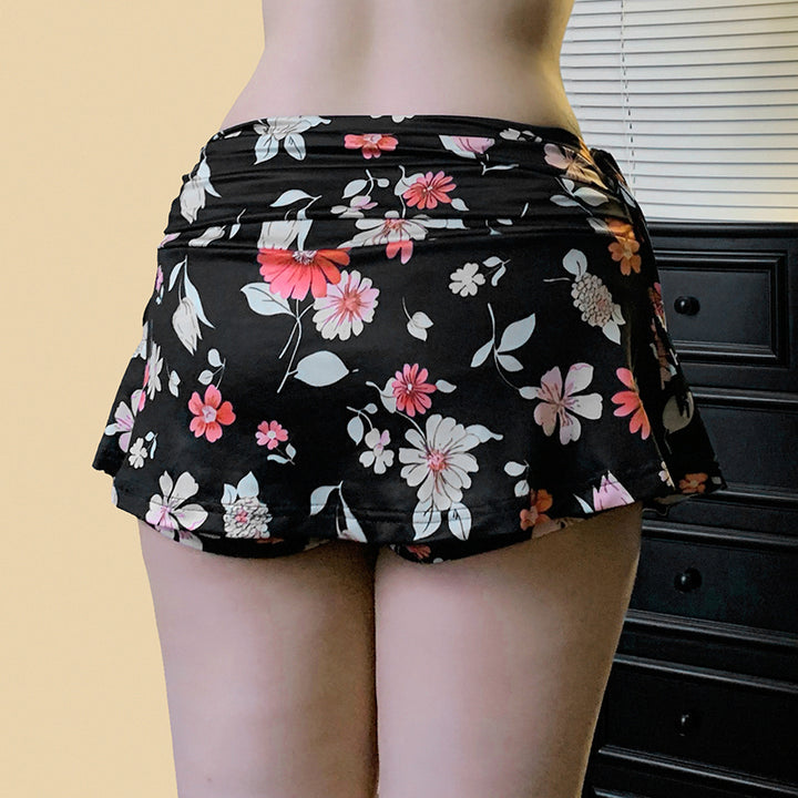 Floral Print Ruched Mini Skirt with Side Ties - Vedlit