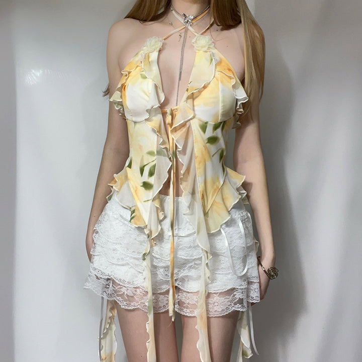 Floral Ruffle Halter Mesh Top with Lace-Up Detail - Vedlit