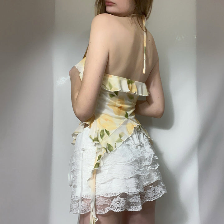 Floral Ruffle Halter Mesh Top with Lace-Up Detail - Vedlit