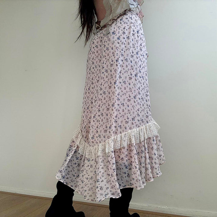 Floral Ruffle Midi Skirt with Asymmetrical Hem - Vedlit
