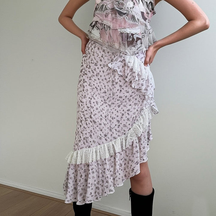 Floral Ruffle Midi Skirt with Asymmetrical Hem - Vedlit