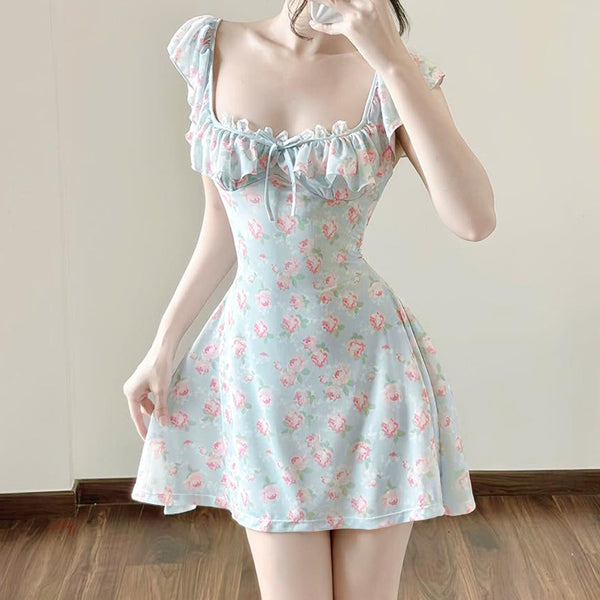 Floral Ruffle Sleeveless Mini Dress with Sweetheart Neckline - Vedlit