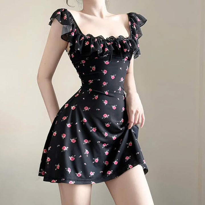 Floral Ruffle Sleeveless Mini Dress with Sweetheart Neckline - Vedlit