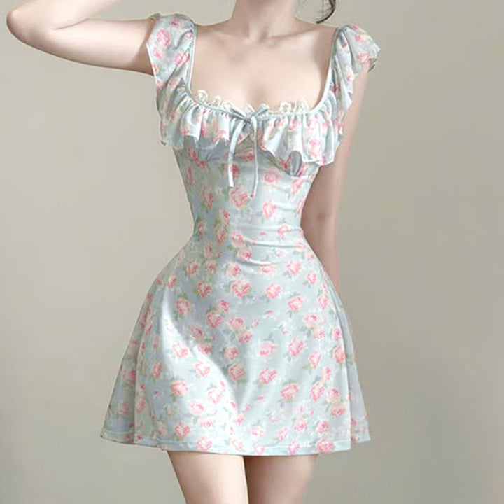 Floral Ruffle Sleeveless Mini Dress with Sweetheart Neckline - Vedlit