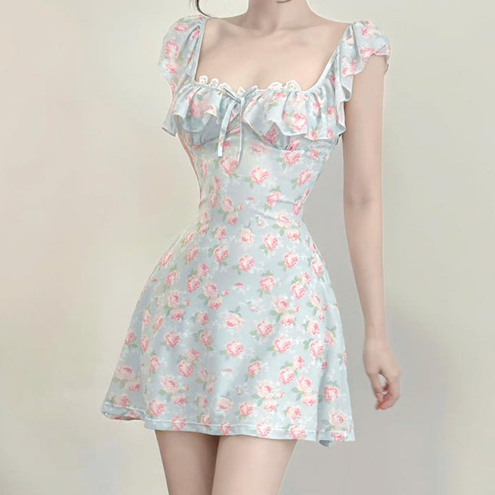 Floral Ruffle Sleeveless Mini Dress with Sweetheart Neckline - Vedlit