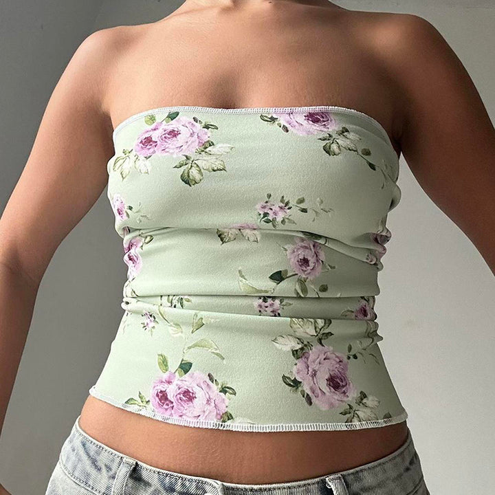 Floral Sage Green Strapless Tube Top – Summer Y2K Chic - Vedlit
