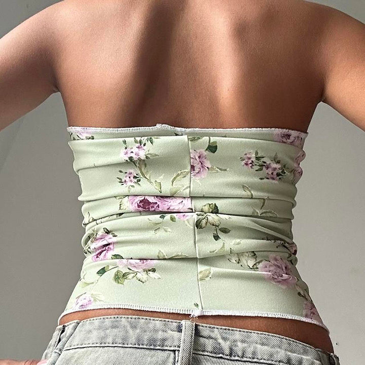 Floral Sage Green Strapless Tube Top – Summer Y2K Chic - Vedlit