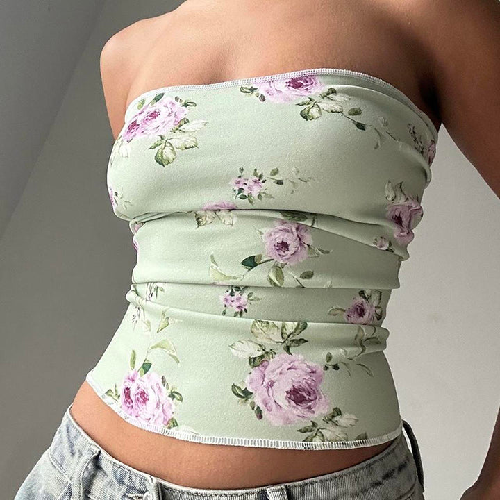 Floral Sage Green Strapless Tube Top – Summer Y2K Chic - Vedlit