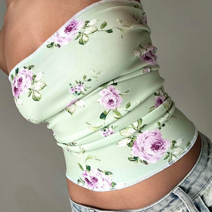 Floral Sage Green Strapless Tube Top – Summer Y2K Chic - Vedlit