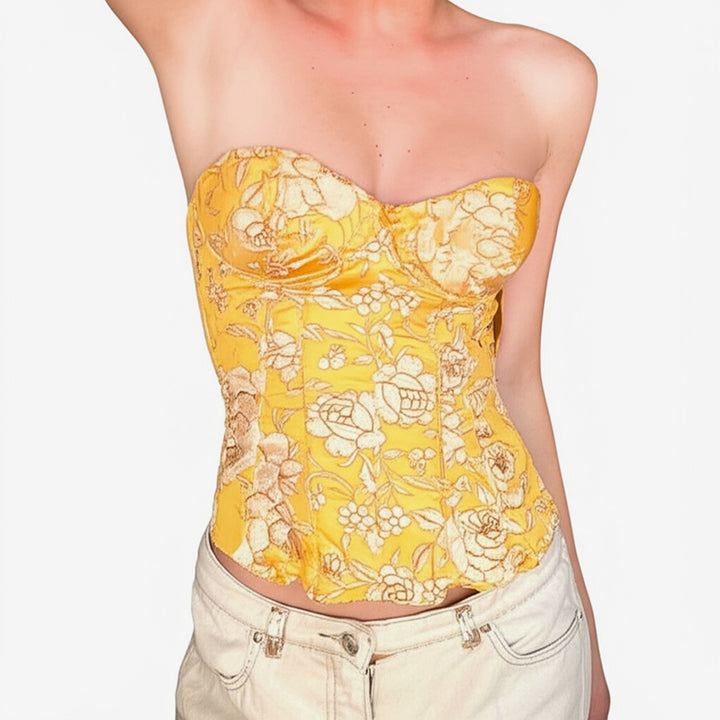 Floral Satin Corset Top with Removable Halter Strap - Vedlit