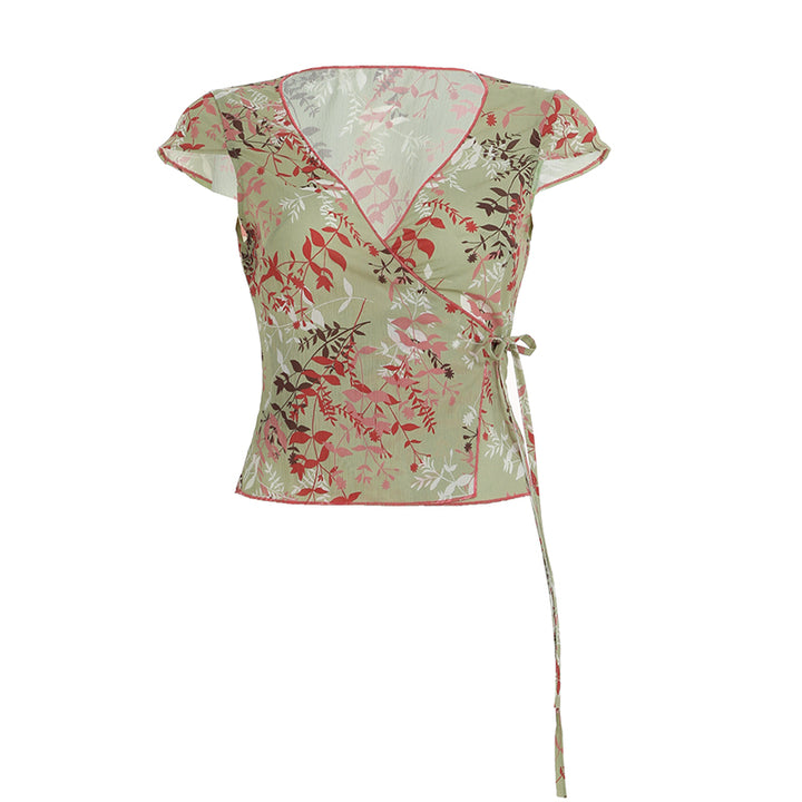 Floral Sheer Mesh Wrap Top with Tie Waist - Vedlit