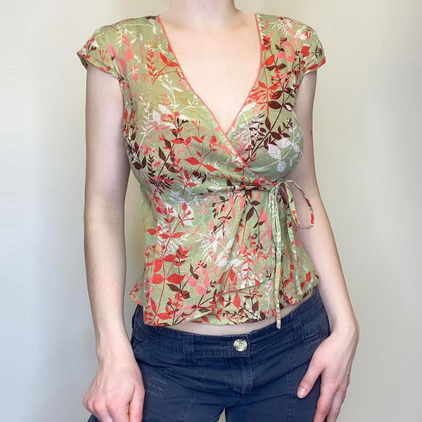 Floral Sheer Mesh Wrap Top with Tie Waist - Vedlit