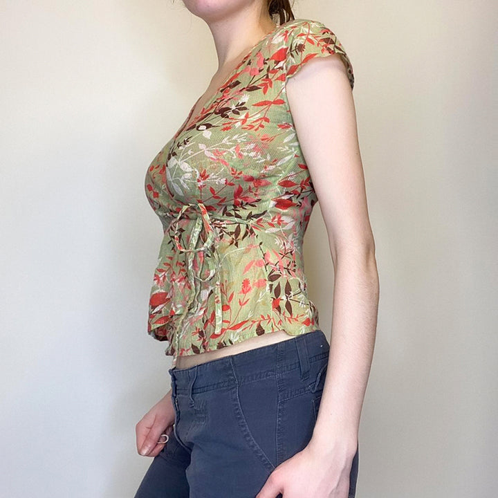 Floral Sheer Mesh Wrap Top with Tie Waist - Vedlit