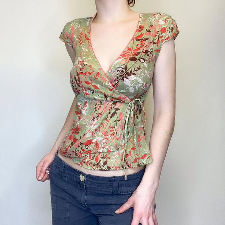 Floral Sheer Mesh Wrap Top with Tie Waist - Vedlit