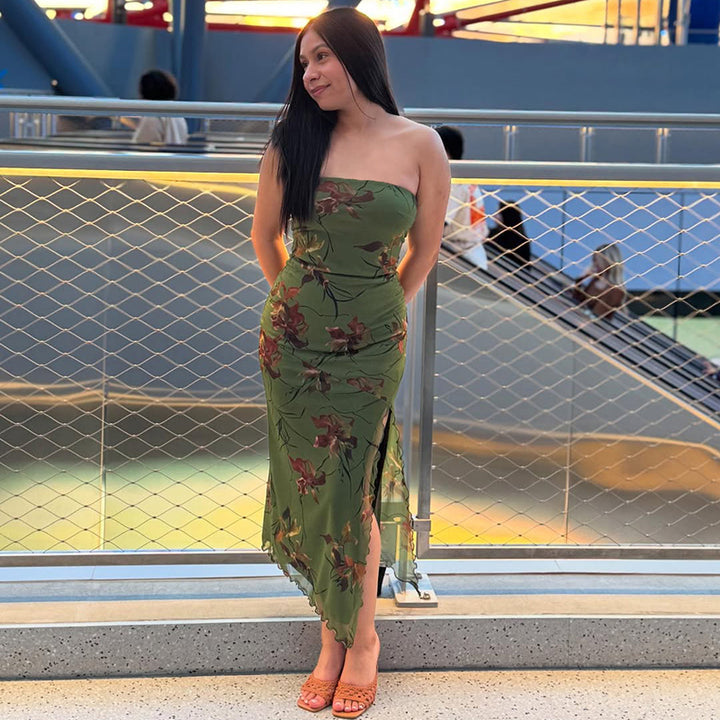 Floral Strapless Bodycon Midi Dress with Slit Hem - Vedlit