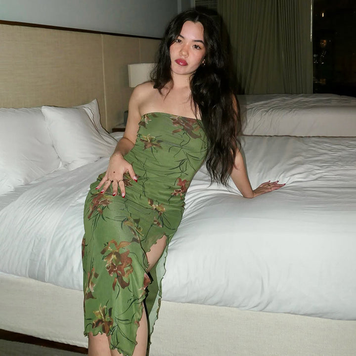 Floral Strapless Bodycon Midi Dress with Slit Hem - Vedlit
