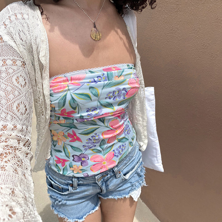 Floral Strapless Tube Top in Blue Y2K Style - Vedlit