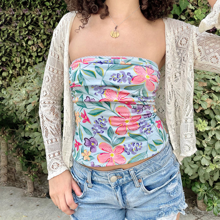 Floral Strapless Tube Top in Blue Y2K Style - Vedlit