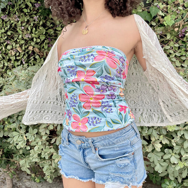 Floral Strapless Tube Top in Blue Y2K Style - Vedlit