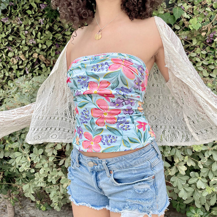 Floral Strapless Tube Top in Blue Y2K Style - Vedlit