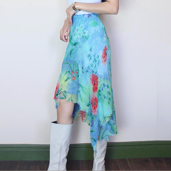 Floral Watercolor Asymmetrical Chiffon Skirt - Vedlit