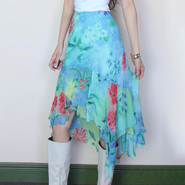 Floral Watercolor Asymmetrical Chiffon Skirt - Vedlit