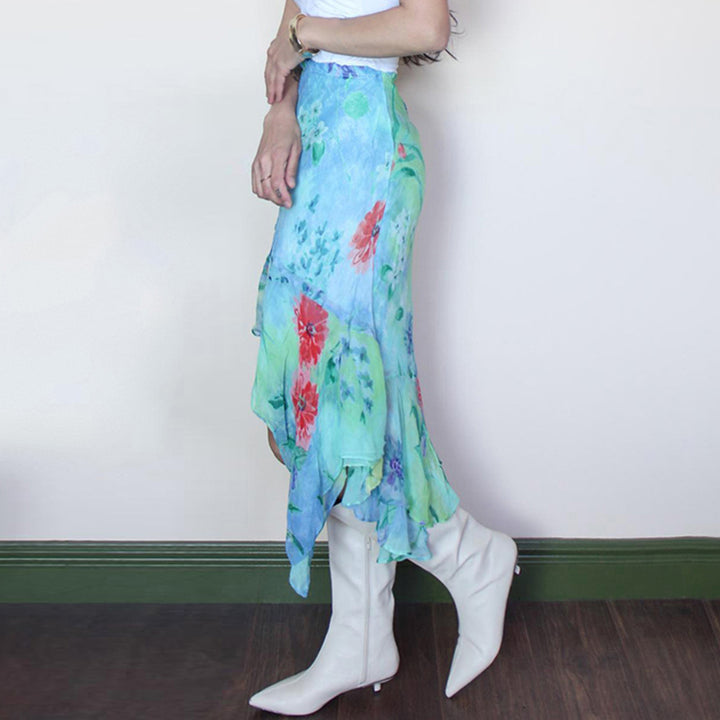 Floral Watercolor Asymmetrical Chiffon Skirt - Vedlit