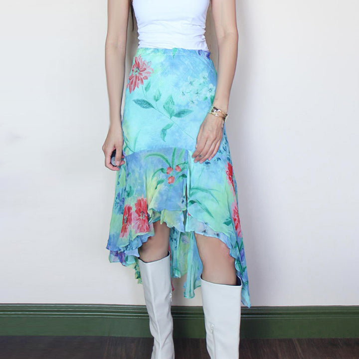 Floral Watercolor Asymmetrical Chiffon Skirt - Vedlit