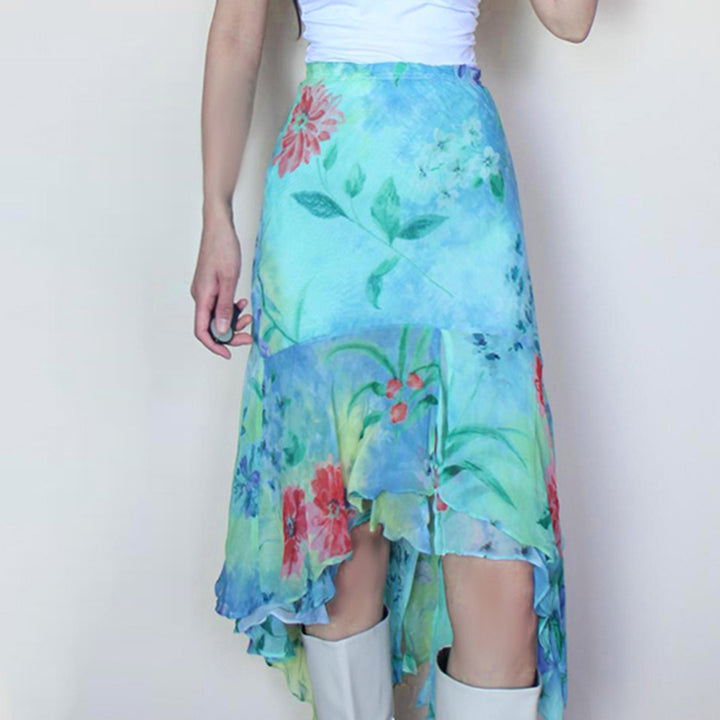 Floral Watercolor Asymmetrical Chiffon Skirt - Vedlit