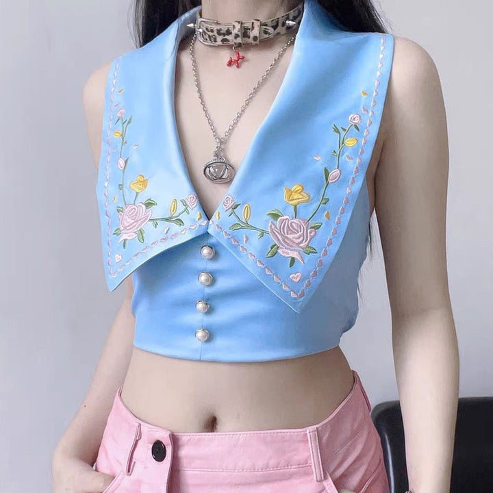 Floral Embroidered Satin Vest - Vedlit