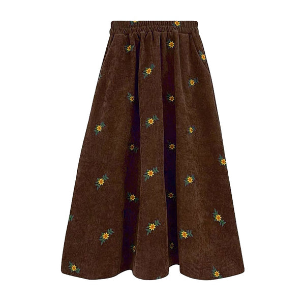 Floral Embroidery Corduroy Skirt - Vedlit