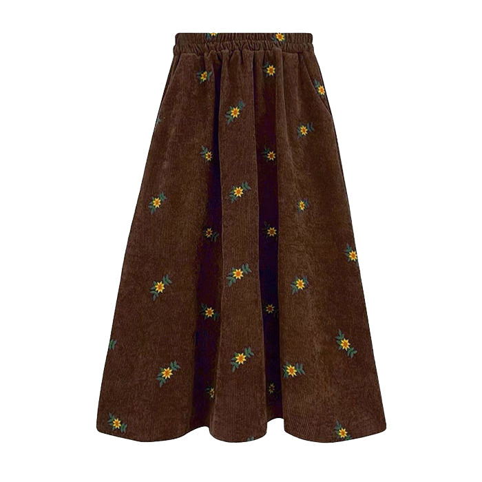 Floral Embroidery Corduroy Skirt - Vedlit