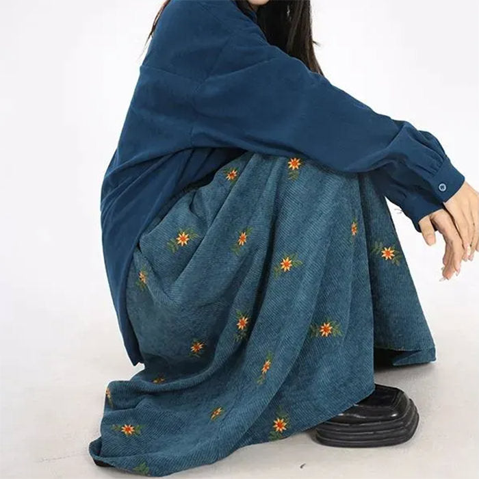 Floral Embroidery Corduroy Skirt - Vedlit
