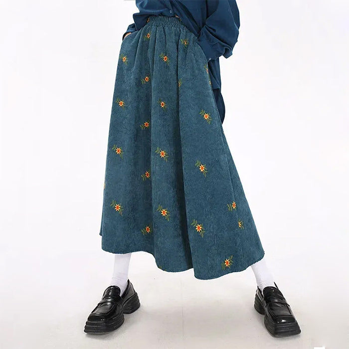 Floral Embroidery Corduroy Skirt - Vedlit