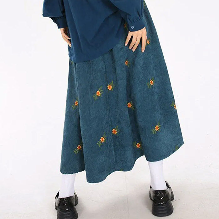 Floral Embroidery Corduroy Skirt - Vedlit