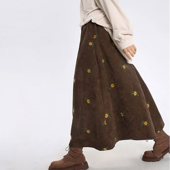 Floral Embroidery Corduroy Skirt - Vedlit