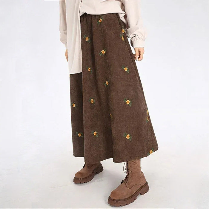 Floral Embroidery Corduroy Skirt - Vedlit