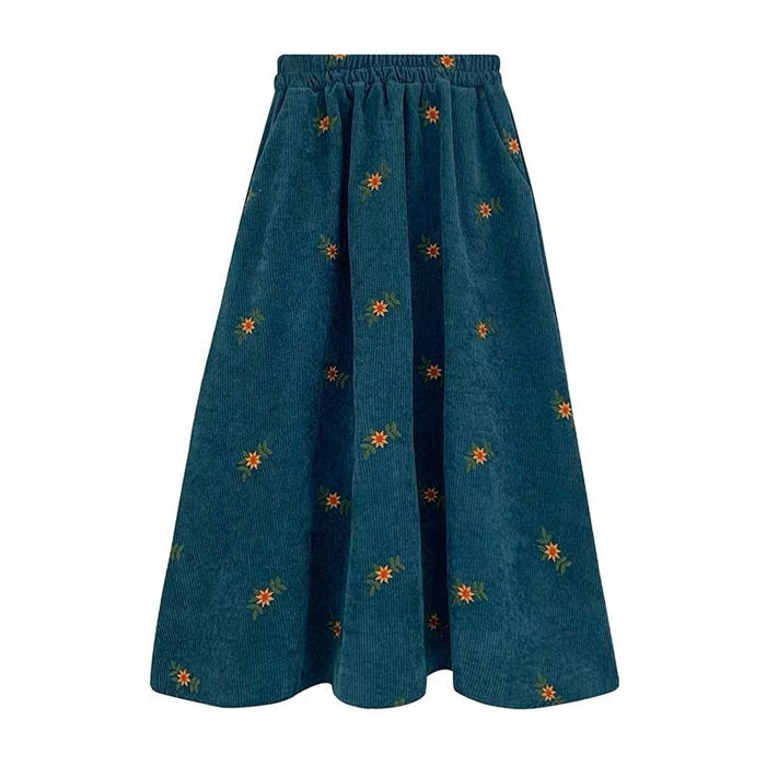 Floral Embroidery Corduroy Skirt - Vedlit