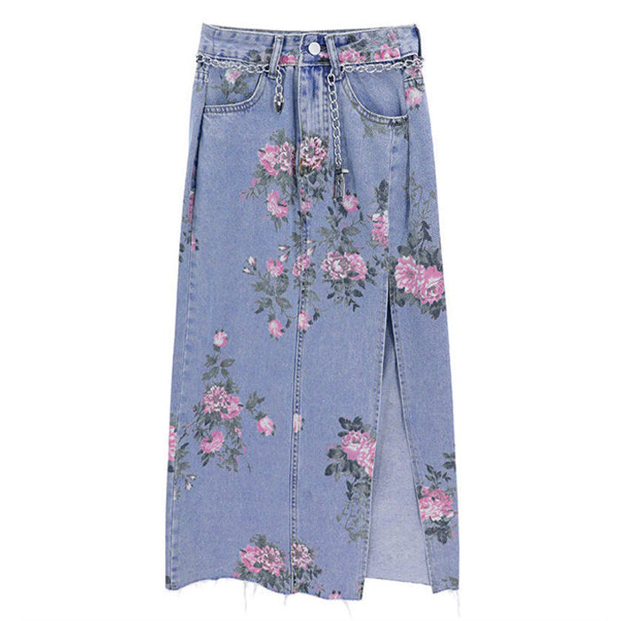 Cottage Floral Long Denim Skirt - Vedlit