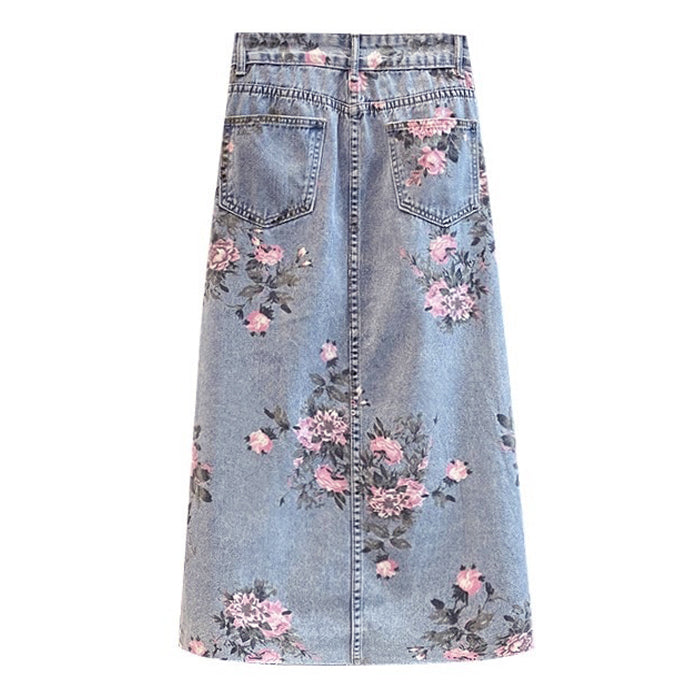 Cottage Floral Long Denim Skirt - Vedlit